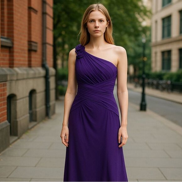 Davids Bridal Plum One Shoulder Chiffon Formal Bridesmaid Prom Dress Size 2 - Picture 1 of 15